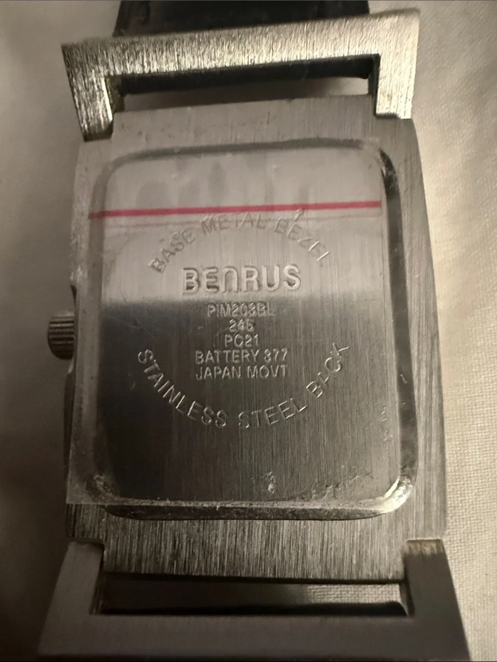 Benrus Quartz Analog Rectangle Stainless Steel Silver Black Leather White Dial